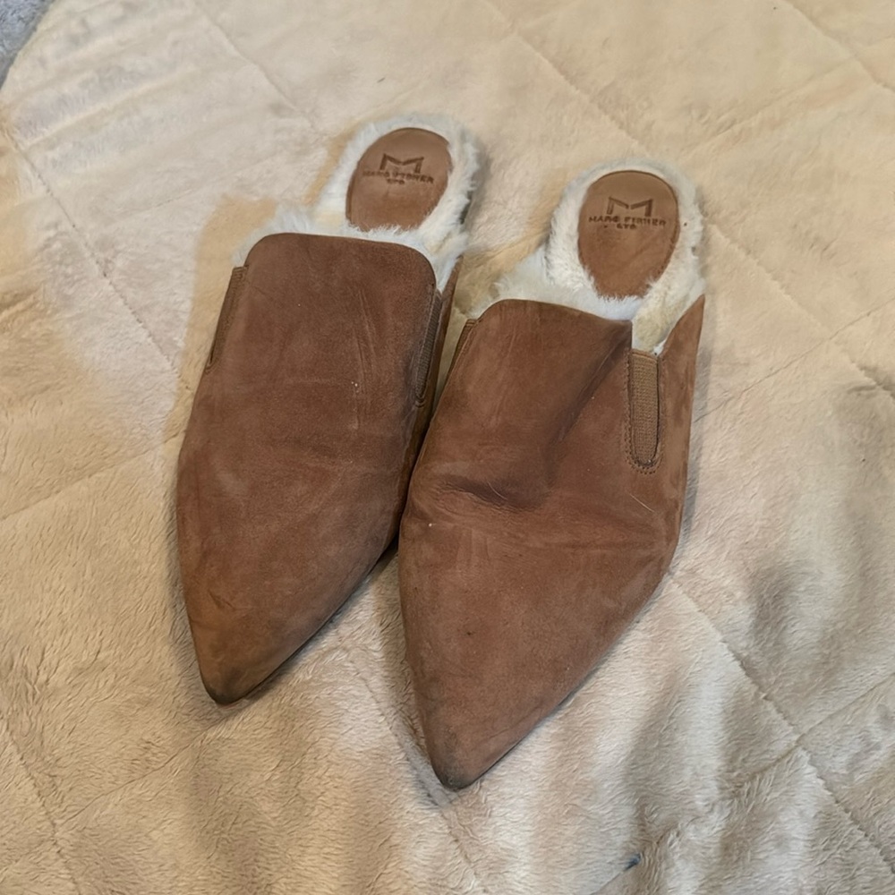 Marc fisher fur lined mules camel